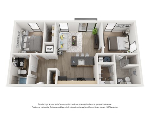 Floor plan for 2 beds, 2 baths, 744 sqft